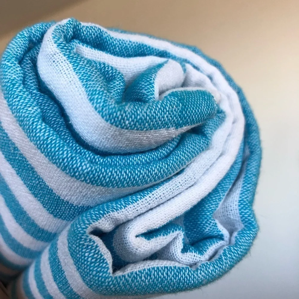 Striped 100% cotton Turkish pestemal in aqua turquoise
